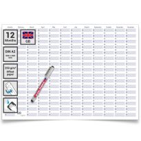 Dauerkalender / Geburtstagskalender Format DIN A2 59,4 x 42,0 cm mit Marker dauerhaft wiederverwendbar, Jahresplaner abwischbar - Englisch