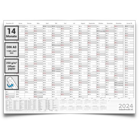 XL Wandkalender 2024 mit 14 Monaten Übersicht Jahresplaner grau Format: 118,8x84,0cm DIN A0 GEROLLT – Wandplaner, Jahreskalender, Poster Plakat - deutsch