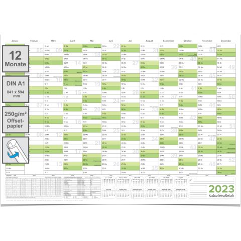 Wandkalender 2023 Jahresplaner grün premium Qualität Format: 84,0 x 59,0 cm DIN A1 - GEROLLT – Wandplaner, Jahreskalender, Poster Plakat - deutsch