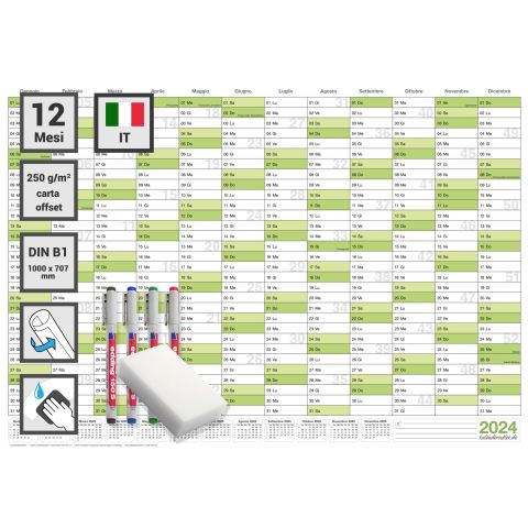 3 Calendari da parete lavabili 2024 Planner verde B1 100,0 x 70,0 cm ciascuno con 3x4 pennarelli ARROTOLATO - calendario da parete, calendario annuale, calendario - italiano