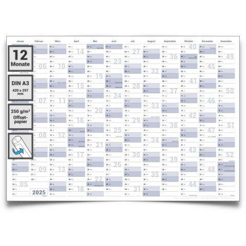 Gigatime Wandkalender Jahresplaner 2025 Format: DIN A3 42,0 x 29,7 cm blaugrau premium Qualität - deutsch