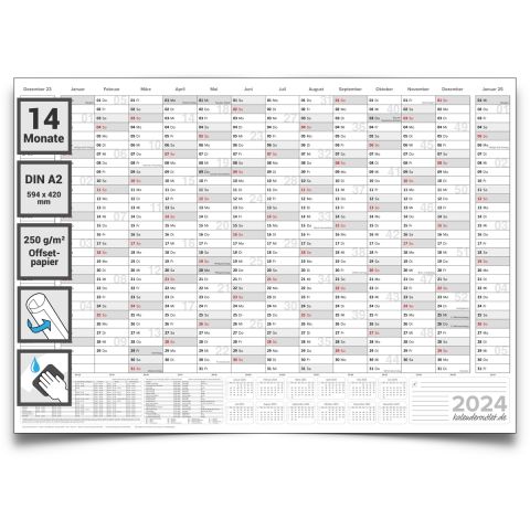 Abwischbarer Wandkalender 2024 14 Monate Jahresplaner feucht abwischbar grau Format: 59,4 x 42,0cm – DIN A2 -GEROLLT – Wandplaner, Jahreskalender, Poster Plakat - deutsch