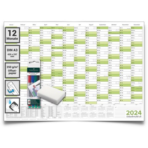 Abwischbarer Wandkalender 2024 Jahresplaner grün Format: 42,0x29,7cm – DIN A3 inkl. 4 Marker - GEROLLT – Wandplaner, Jahreskalender, korrigierbar Poster Plakat - deutsch