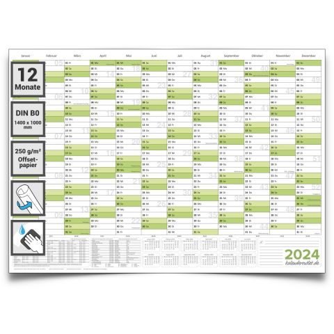 Abwischbarer Wandkalender XXL 2024 grün Jahresplaner Format: 140 x 100 cm DIN B0 - GEROLLT – korrigierbar Wandplaner, Jahreskalender, Kalender, Poster Plakat - deutsch