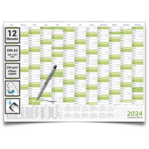 Abwischbarer Wandkalender 2024 Jahresplaner grün Format: 42,0x29,7cm – DIN A3 inkl. 1 Marker - GEROLLT – Wandplaner, Jahreskalender, korrigierbar Poster Plakat - deutsch