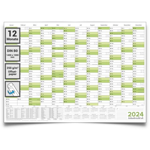 Wandkalender XXL 2024 grün Jahresplaner premium Qualität Format: 140 x 100 cm DIN B0 - GEROLLT – Wandplaner, Jahreskalender, Kalender, Poster Plakat - deutsch