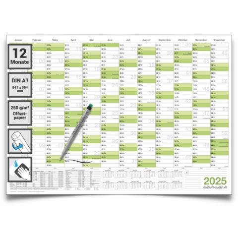 Abwischbarer Wandkalender 2025 Jahresplaner grün Format: 84,0x59,0cm DIN A1 - GEROLLT – Wandplaner, Jahreskalender, Poster Plakat - deutsch mit 1 Marker