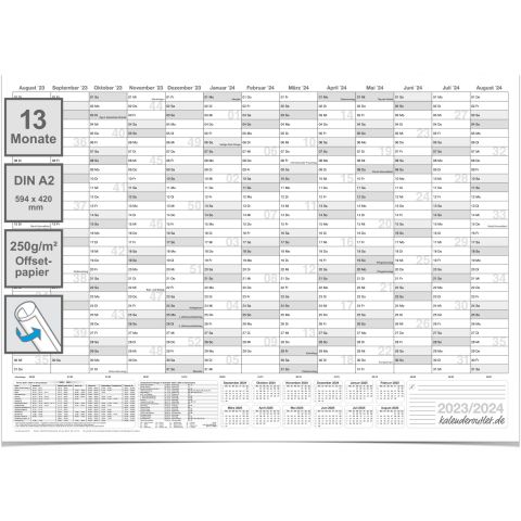 XL Schülerkalender 2023/2024 Jahresplaner grau Format: 59,4 x 42,0 cm- DIN A2 - GEROLLT – Schuljahr 2023/24, Schuljahreskalender, Kalender für Schüler und Lehrer, Schulkalender Wandkalender - deutsch