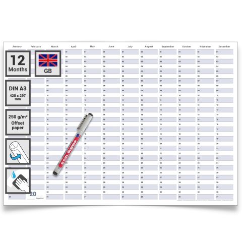 Dauerkalender / Geburtstagskalender Format DIN A3 42,0 x 29,7 cm mit Marker dauerhaft wiederverwendbar, Jahresplaner abwischbar - Englisch