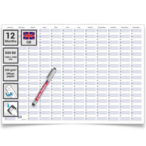 Dauerkalender / Geburtstagskalender Format DIN B0 140,0 x 100,0 cm mit Marker dauerhaft wiederverwendbar, Jahresplaner abwischbar - Englisch