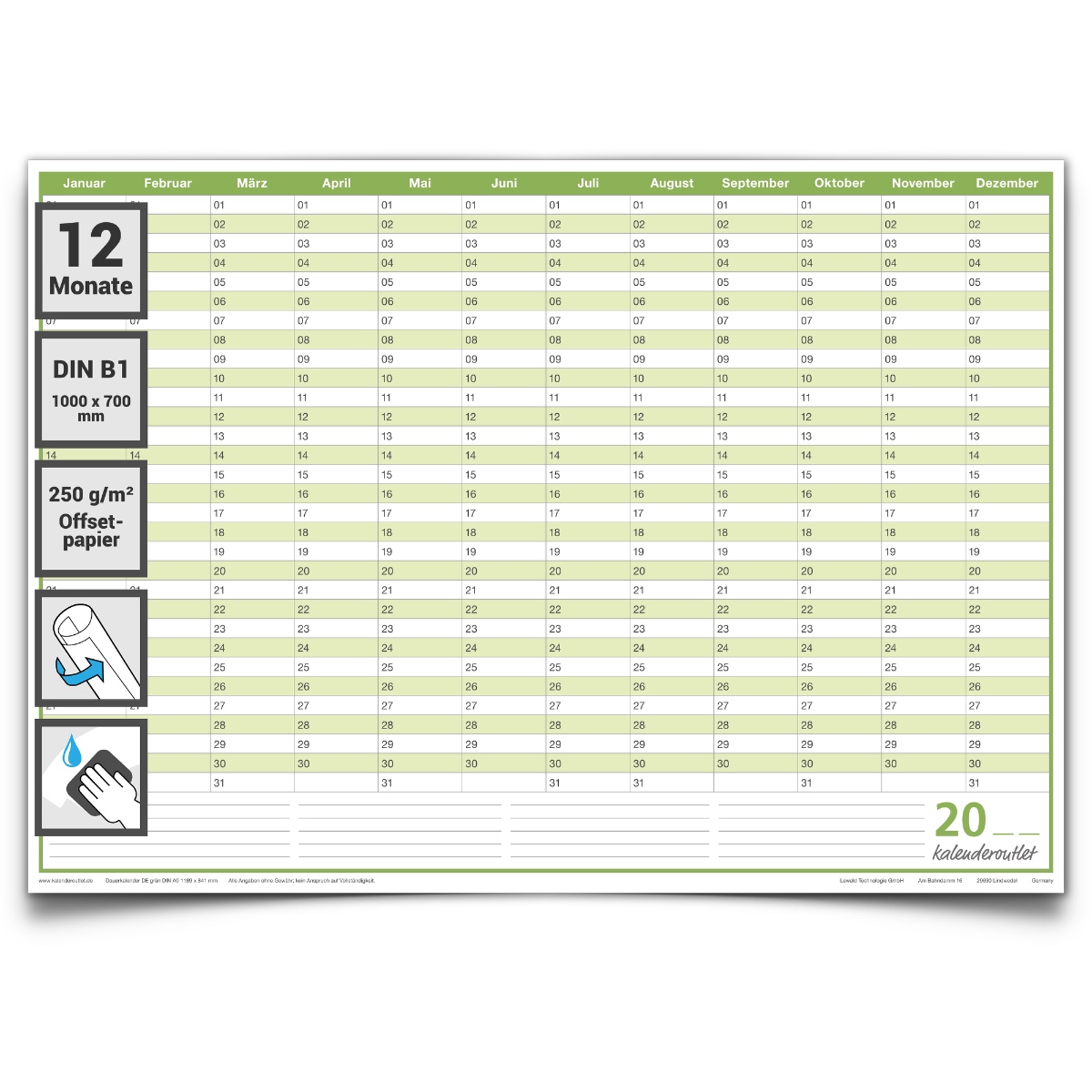 Mega Dauerkalender, super groß, DIN B1 , 250 gr. Premium Qualitätspapier, feucht abwischbar, praktisch und schön