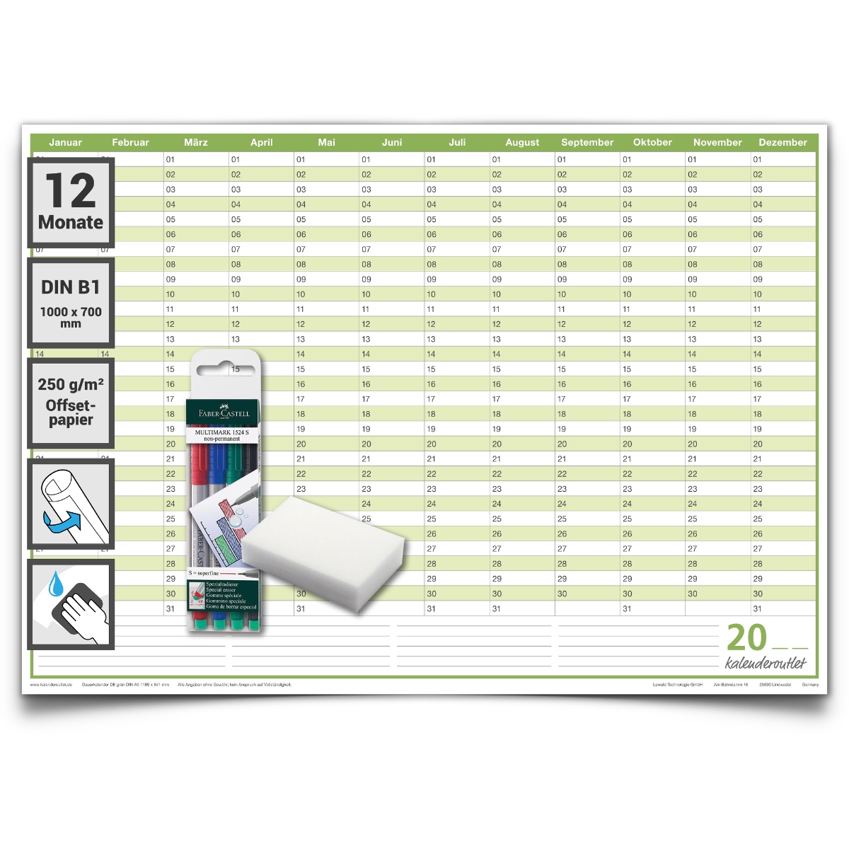 Dauerkalender groß DIN B1 250g feucht abwischbar mit 4  non-permanent Markern und Schwamm