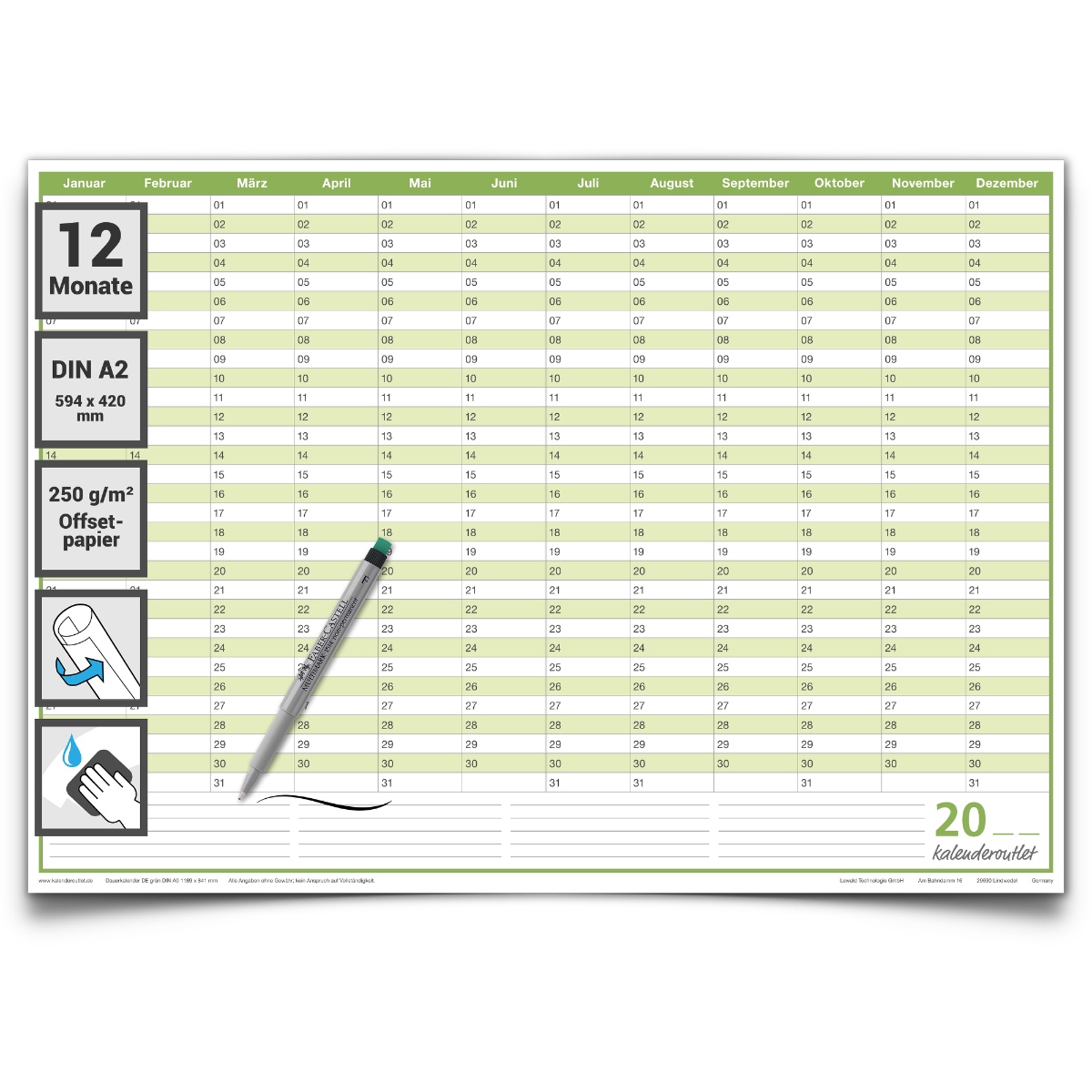 Dauerkalender, Geburtstagskalender, immerwährender Kalender, DIN A2 59,4 x 42,0 cm, 250 gr. Premium Qualitätspapier, feucht abwischbar, mit 1 non-permanent Marker