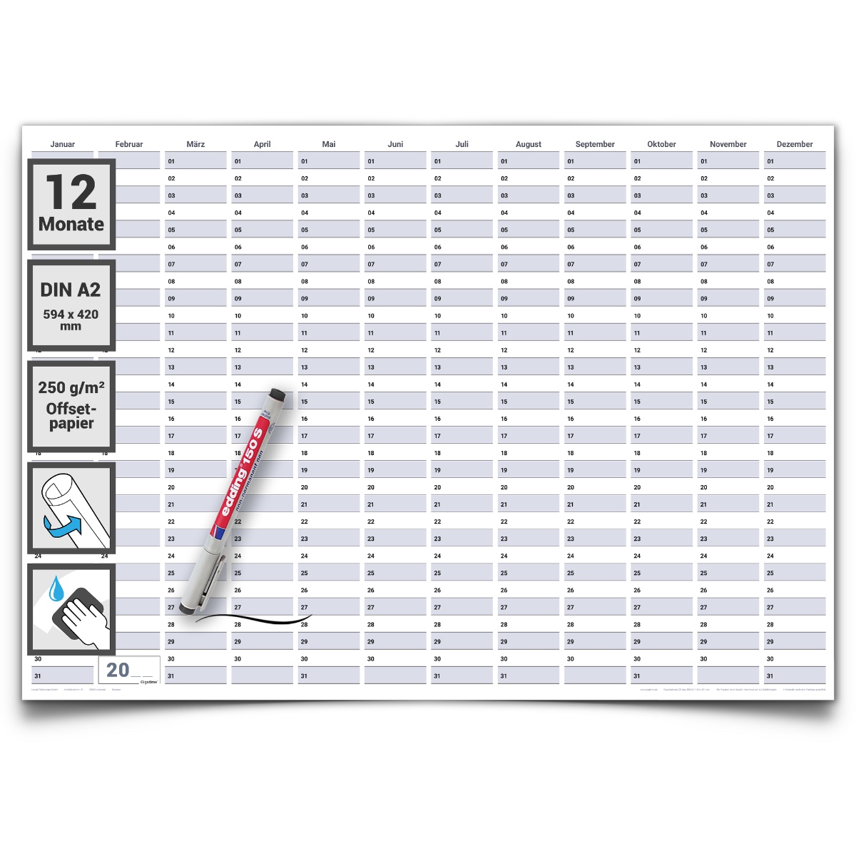 Gigatime Dauerkalender Projektplaner A2 – wiederverwendbarer Jahresplaner mit Marker Der Gigatime Dauerkalender Projektplaner im A2-Format 59,4 x 42,0 cm ist der ideale abwischbare Jahresplaner für Büro, Homeoffice, Schule und Familie. Der große Geburtsta