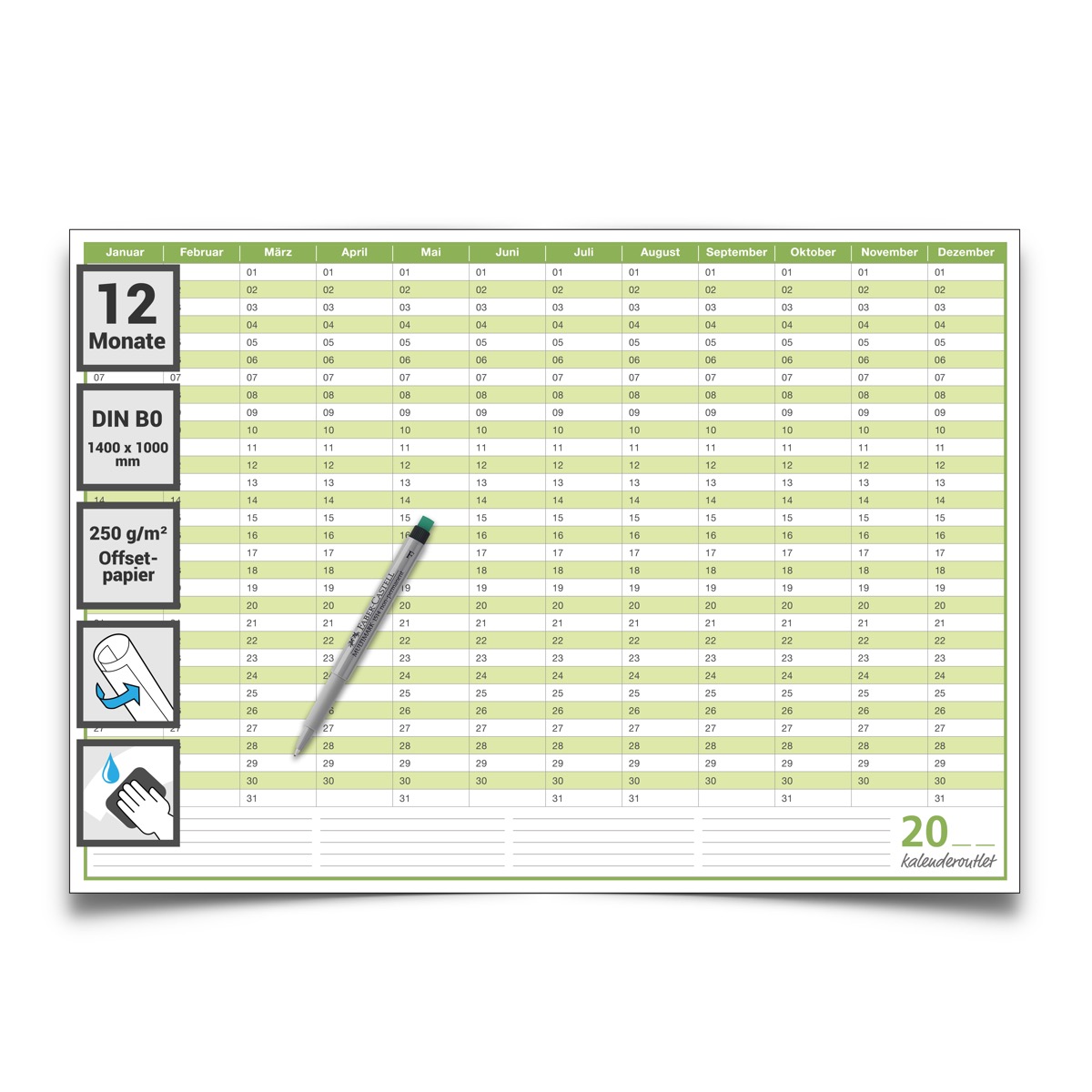 XXL Dauerkalender, super groß, DIN B0 140 x 100 cm, 250 g/m2  feucht abwischbar mit 1 Faber-Castell non-permanent Marker
