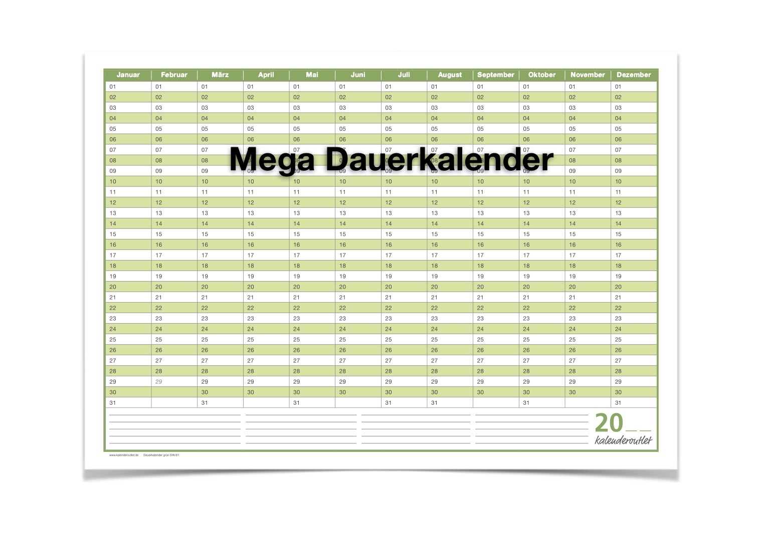 Mega Dauerkalender, super groß, DIN B1 , 250 gr. Premium Qualitätspapier, feucht abwischbar mit 4  non-permanent Markern und Schwamm