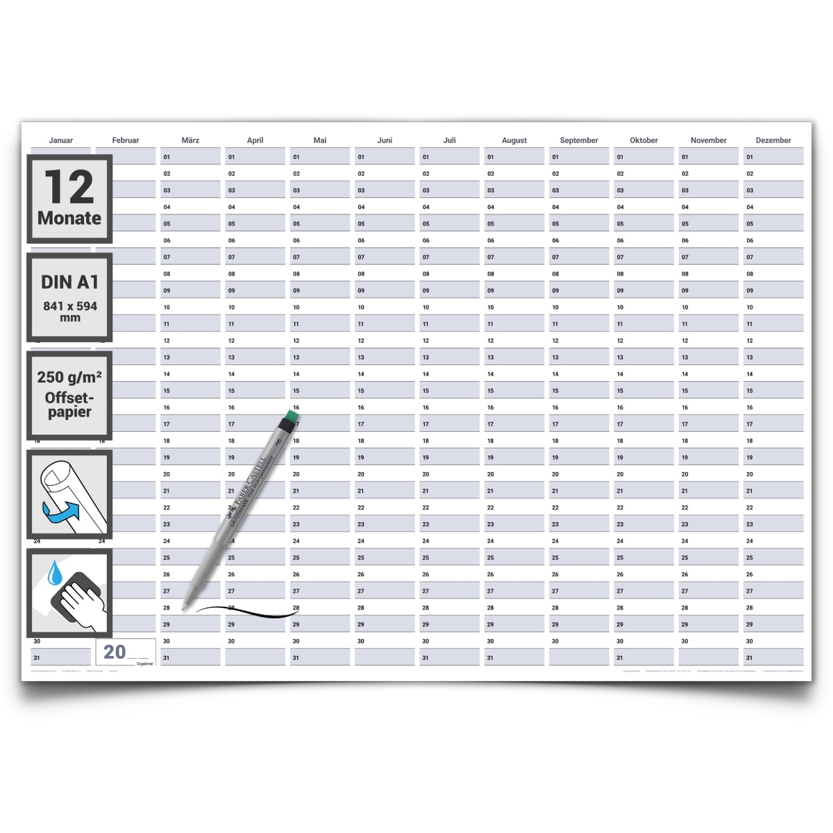 Gigatime Dauerkalender,  groß, DINA1 84,0 x 59,4 cm, 250 gr. Premium Qualitätspapier, feucht abwischbar, praktisch und schön mit Marker
