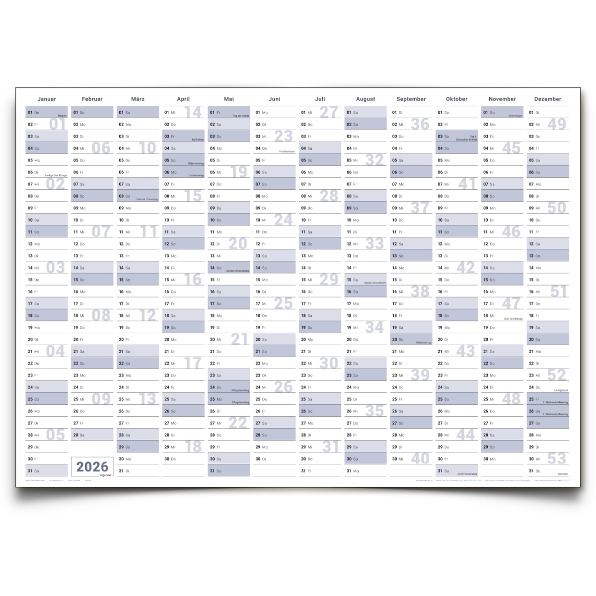 Gigatime Abwischbarer XXL Jahresplaner Wandkalender 2026. Wandplaner gerollt 118,8x84cm gross DIN A0 inklusive 1 Marker. Jahreskalender 2026, Kalender - deutsche Sprache - von Gigatime