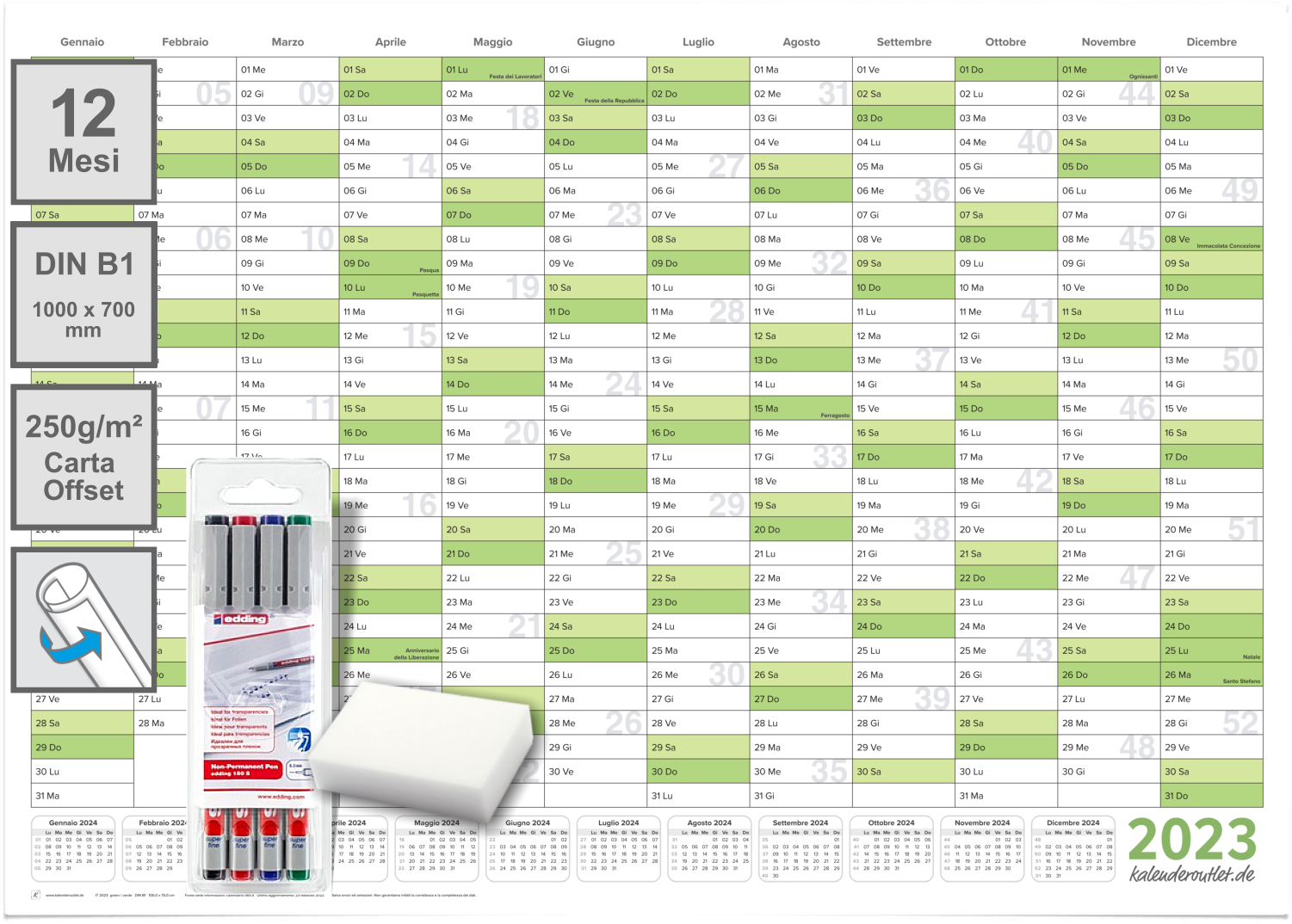 5 Calendari da parete lavabili 2023 Planner verde B1 100,0 x 70,0 cm ciascuno con 5x4 pennarelli ARROTOLATO - calendario da parete, calendario annuale, calendario - italiano