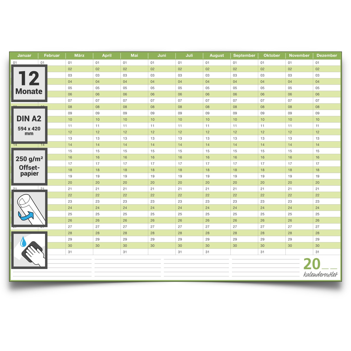 Dauerkalender, Geburtstagskalender, immerwährender Kalender, DIN A2 , 250 gr. Premium Qualitätspapier, feucht abwischbar, praktisch und schön