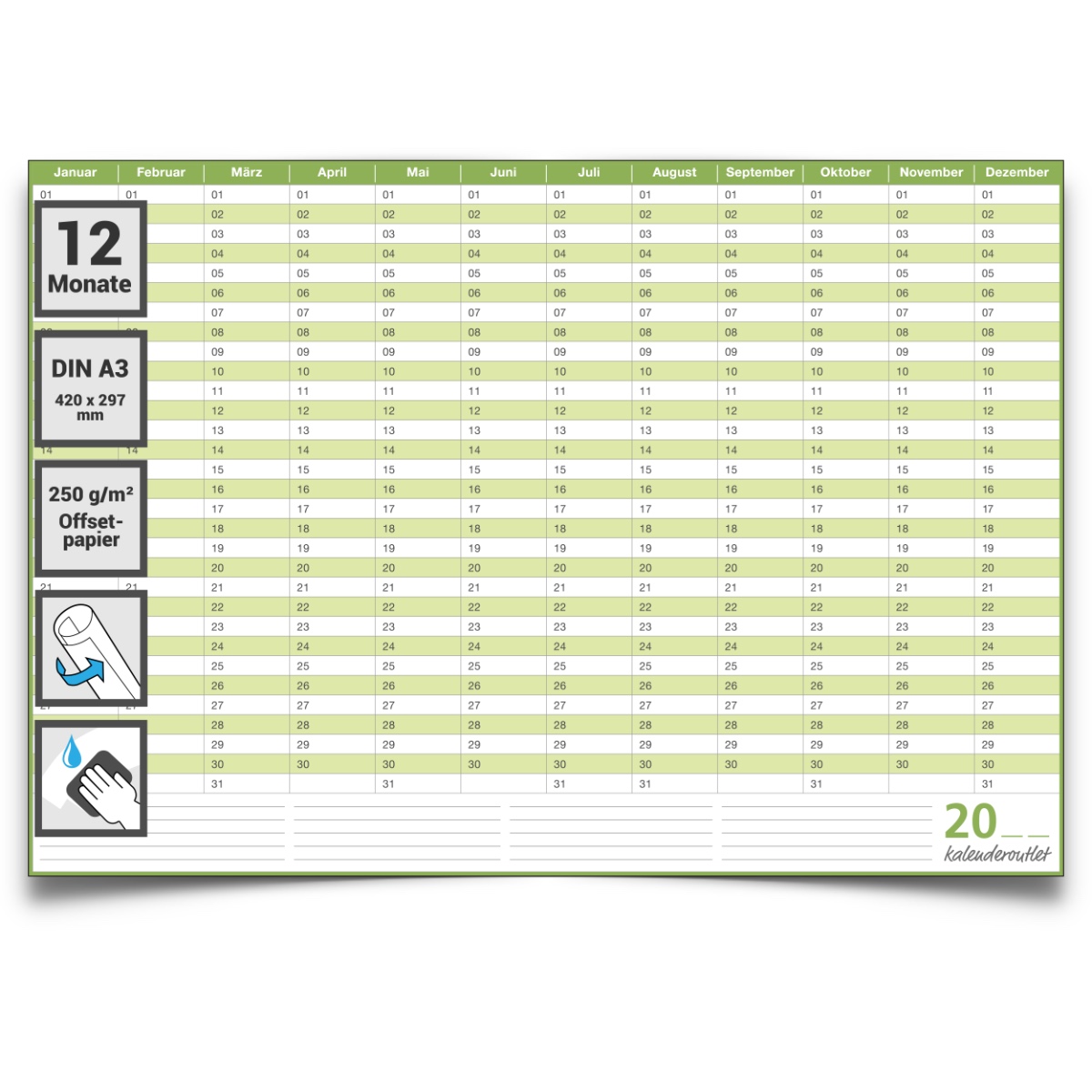 Dauerkalender, Familienkalender, Geburtstagskalender, immerwährender Kalender, DIN A3 , 250 gr. Premium Qualitätspapier, feucht abwischbar, praktisch und schön