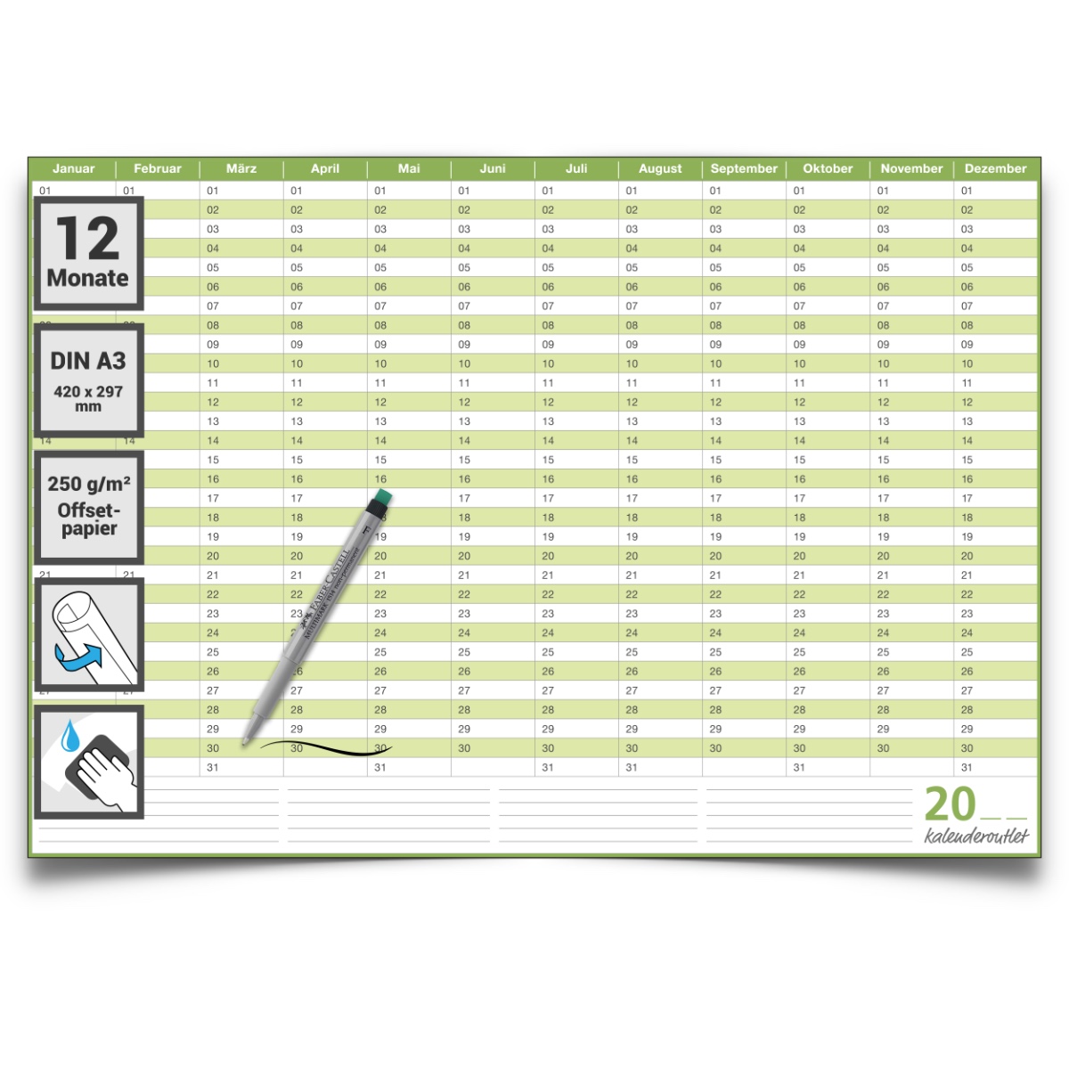 Dauerkalender, Familienkalender, Geburtstagskalender, DIN A3,42,0 x 29,7 cm 250 gr. Premium Qualitätspapier, feucht abwischbar, mit 1 Marker