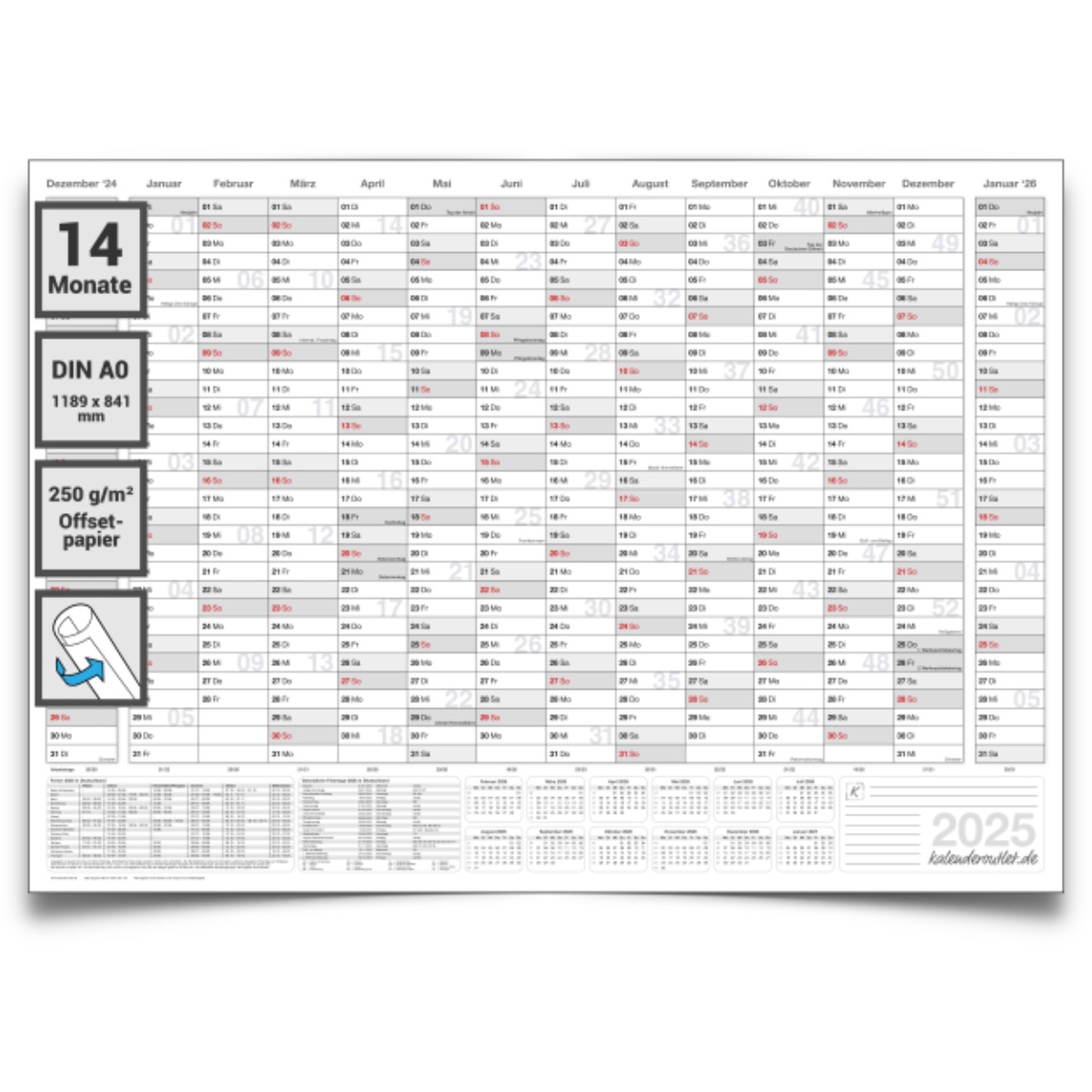 XL Wandkalender 2027 mit 14 Monaten Übersicht Jahresplaner grau Format: 118,8x84,0cm DIN A0 GEROLLT – Wandplaner, Jahreskalender, Poster Plakat - deutsch