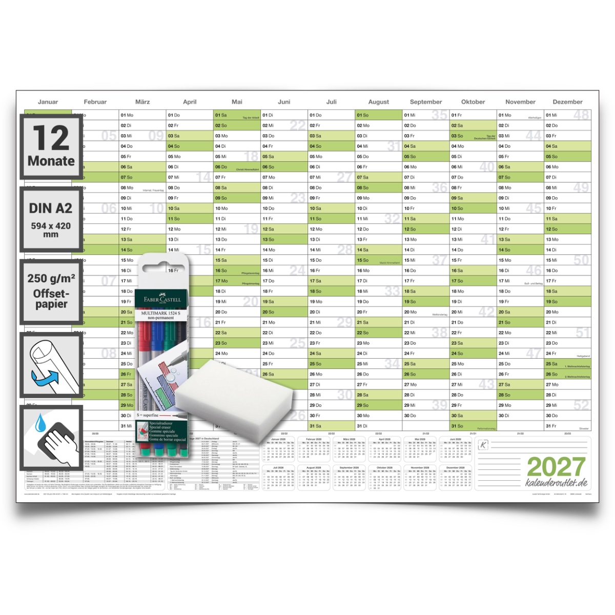 Wandkalender feucht abwaschbar 2027 Jahresplaner grün Format: 59,4x42,0cm DIN A2 inkl. 4 Markern - GEROLLT – Wandplaner, Jahreskalender, Kalender, Poster Plakat - deutsch