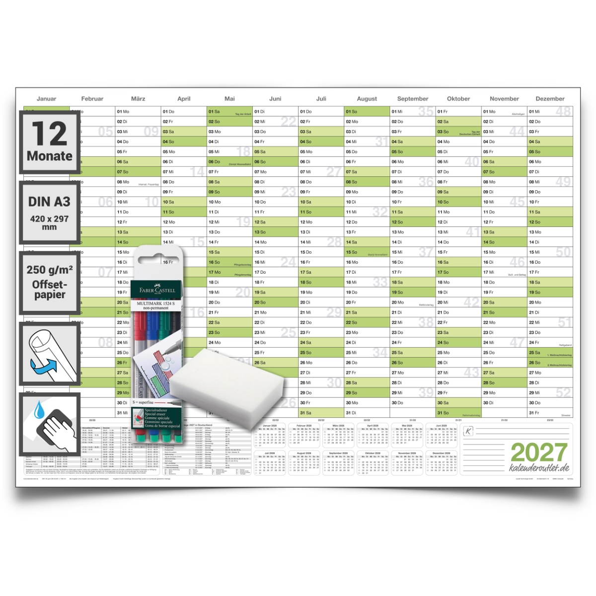Kalenderoutlet DIN A3 abwischbarer Wandkalender 2027 gerollt 42,0x29,7cm groß inklusive 4 Marker und Schwamm. Wandplaner ist feucht korrigierbar, Jahresplaner in deutscher Sprache