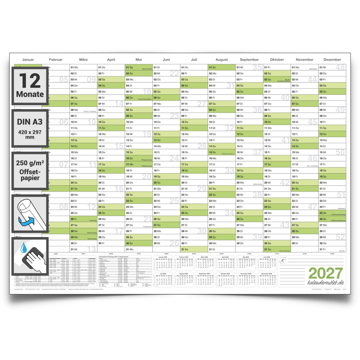 Kalenderoutlet DIN A3 abwischbarer Wandkalender 2027 gerollt 42,0x29,7cm groß Wandplaner ist feucht korrigierbar, Jahresplaner 2027 in deutscher Sprache