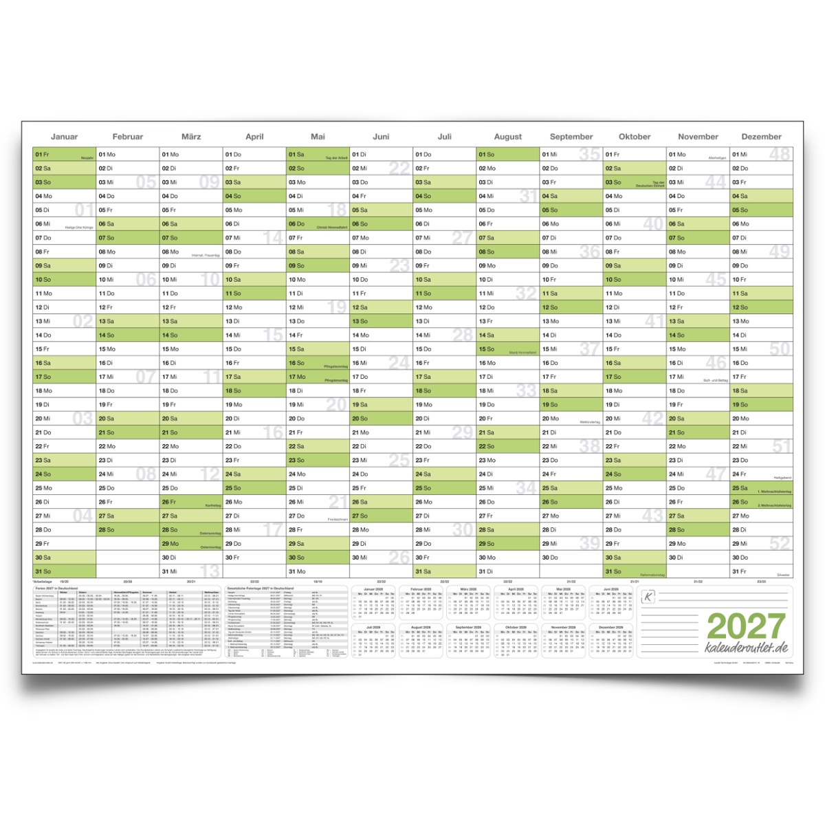 Kalenderoutlet DIN A3 abwischbarer Wandkalender 2027 gerollt 42,0x29,7cm groß inklusive 1 Marker. Wandplaner ist feucht korrigierbar, Jahresplaner in deutscher Sprache