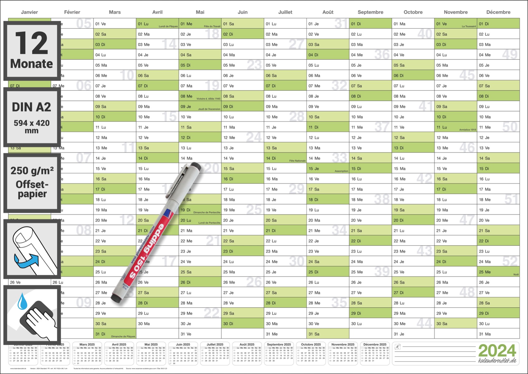 3 Agenda mural effaçable Calendrier mural planner vert 2024 (59,4 x 42,0 cm avec 3 marqueurs) enroulé - calendrier mural, calendrier annuel, calendrier - français