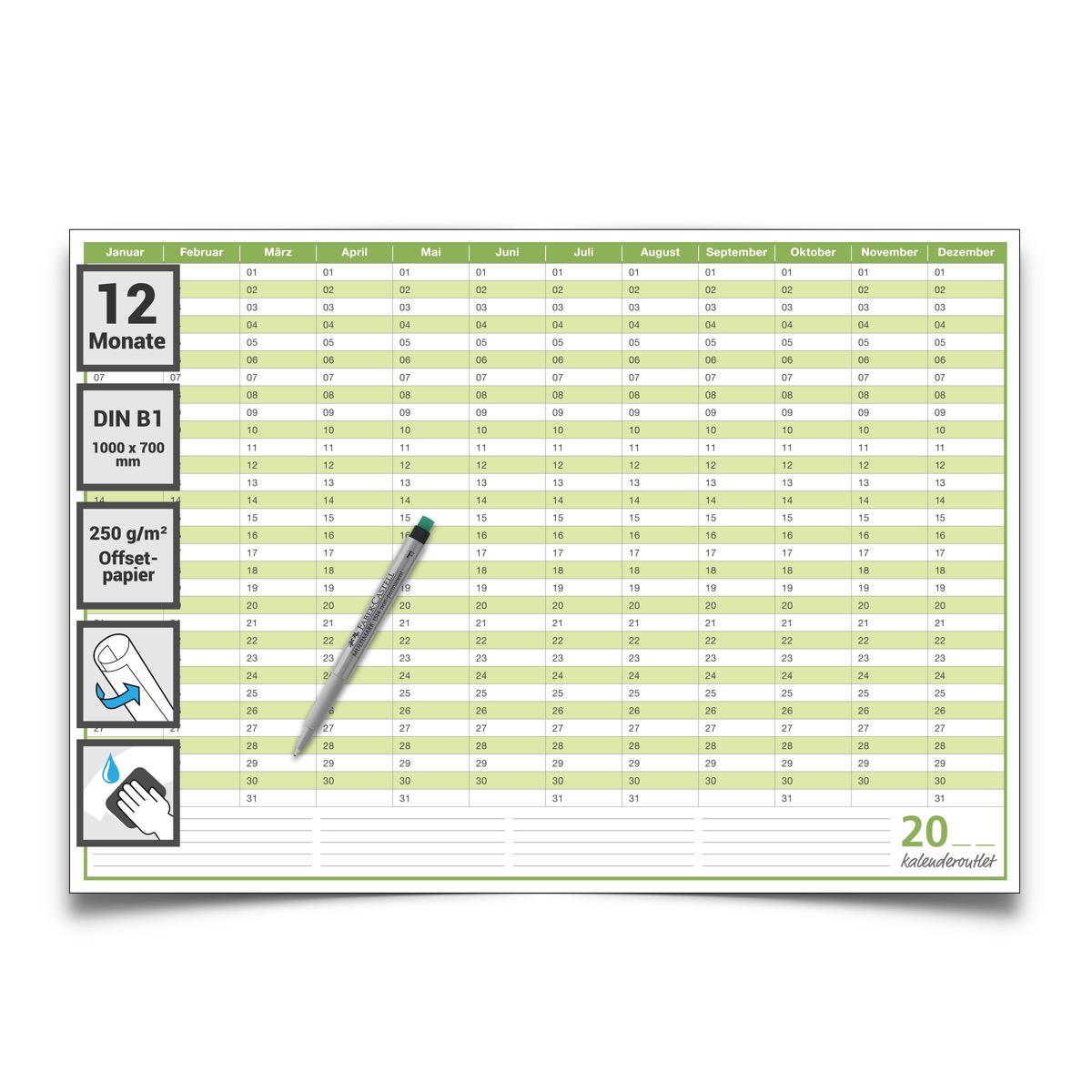 Mega Dauerkalender, super groß, DIN B1 , 250 gr. Premium Qualitätspapier, feucht abwischbar mit 1 Faber-Castell non-permanent Marker