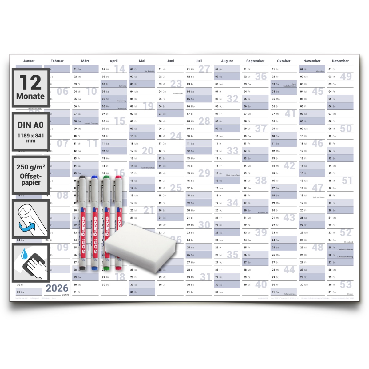 Gigatime Abwischbarer XXL Jahresplaner Wandkalender 2026. Wandplaner gerollt 118x84cm gross DIN A0 inklusive 4er Stifte-Set, Schwamm. Jahreskalender 2026, Kalender - deutsche Sprache - von Gigatime
