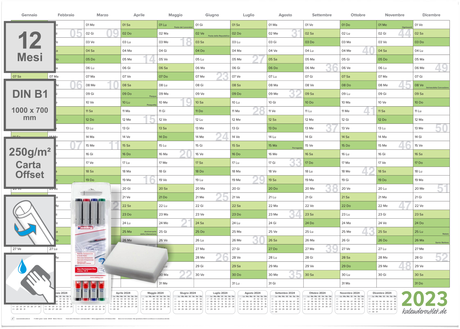 3 Calendari da parete lavabili 2023 Planner verde B1 100,0 x 70,0 cm ciascuno con 3x4 pennarelli ARROTOLATO - calendario da parete, calendario annuale, calendario - italiano