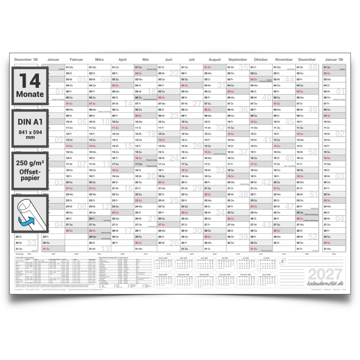Wandkalender 2027 mit 14 Monaten Übersicht Jahresplaner grau Format: 84,0x59,0cm DIN A1– Wandplaner, Jahreskalender, Poster Plakat - deutsch
